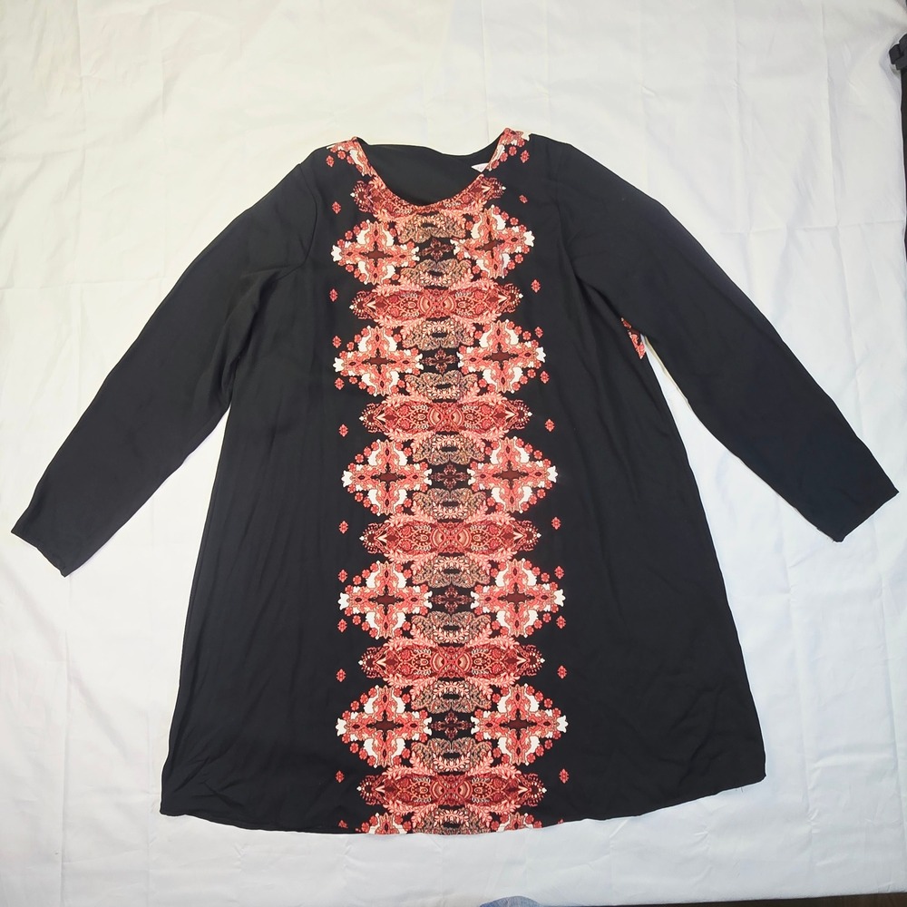 Xhilaration Women's Floral Medallion Dress Large Black Red Long Sleeve Boho A17